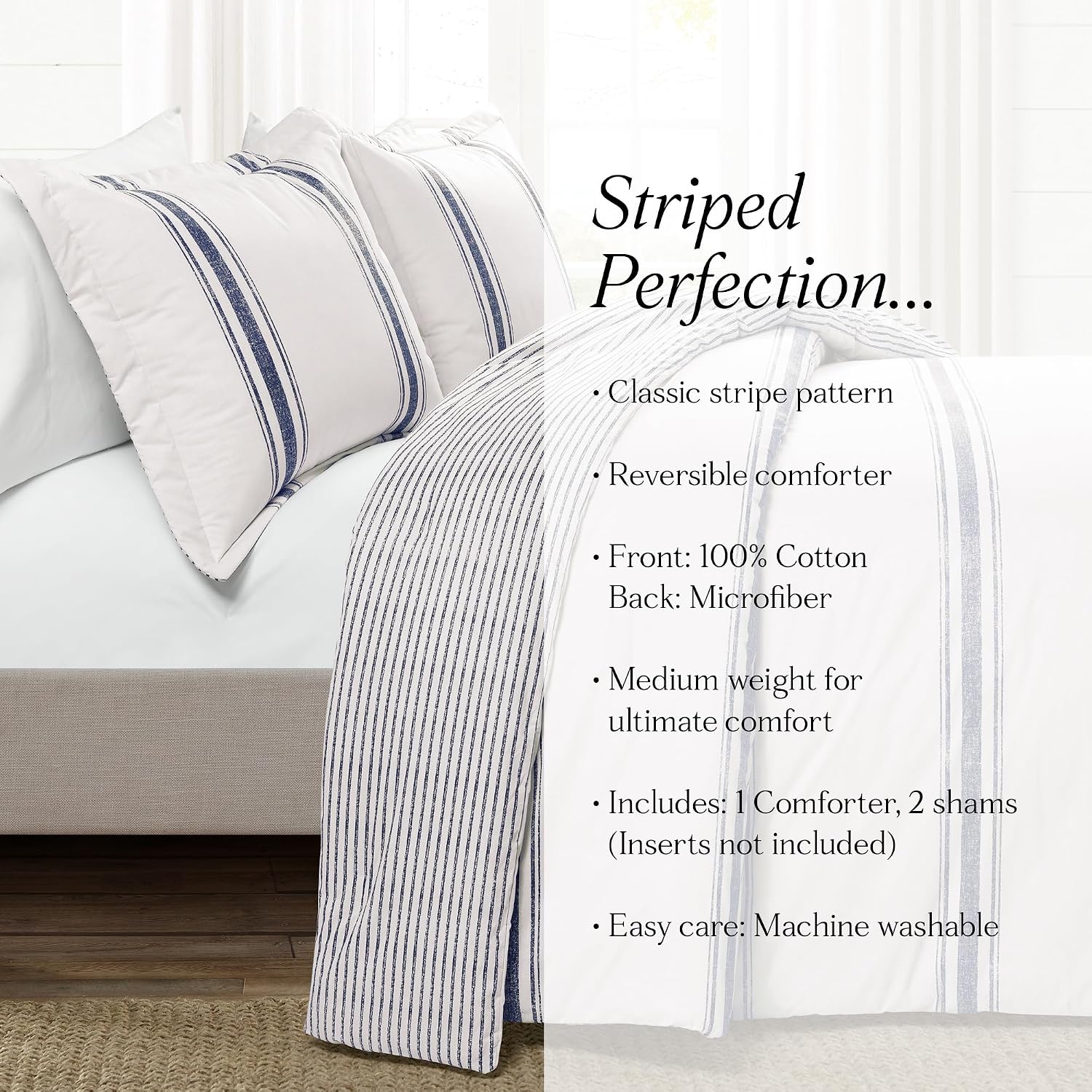 Lush Decor Farmhouse Stripe Reversible Cotton Comforter Set, 3 Piece Set, California King, Navy - Cozy Farmhouse Bedding Set - Rustic Decor - Striped Comforter - Modern Farmhouse Bedroom Decor