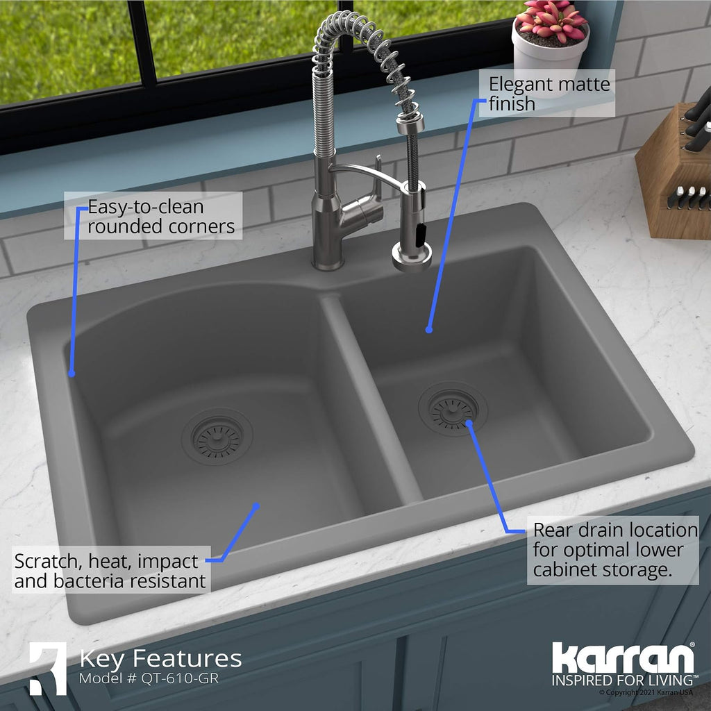 Karran 33' Drop-In/Top Mount Quartz Composite 1-Hole 60/40 Double Bowl Kitchen Sink in Grey