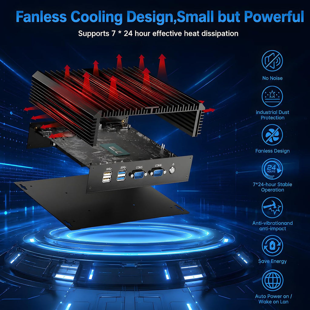 Industrial Mini PC, Fanless Desktop Computer Core i7-5500U 2.4-3.0GHz, Windows 10 Pro, 16GB RAM, 256GB SSD, 2xNICs, 6xCOM RS232, 4xUSB 3.0, HDMI/VGA Ports, Full Metal Case