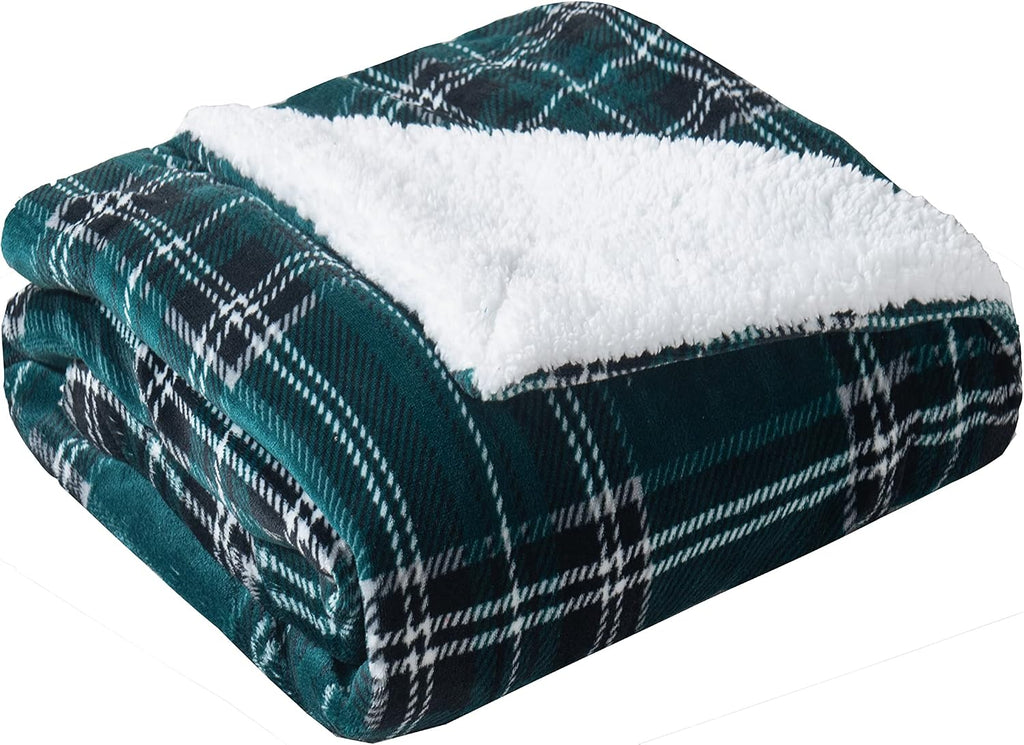 Elegant Comfort Throw Blanket, Reversible Sherpa Flannel, Ultra-Soft, Fuzzy, Cozy and Plush- All Season Lightweight Decorative Throw, 50 x 60 inches, Plaid Design Sherpa Throw, Green (Pack of 5)