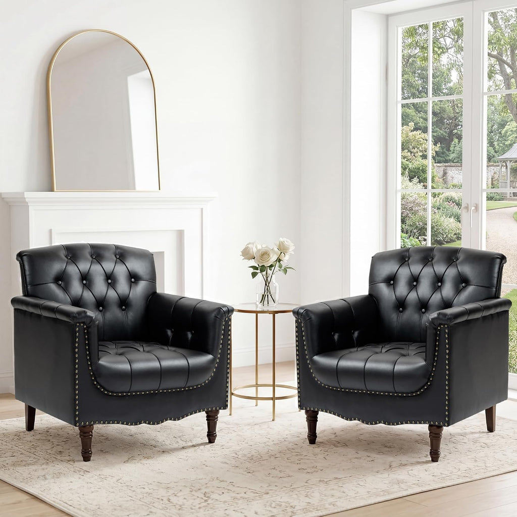 Faux Leather Accent Chair, PU Leather Modern Comfy Upholstered Armchair with Wood Legs & Nailhead Trim for Living Room, Bedroom (Black,Set of 2)