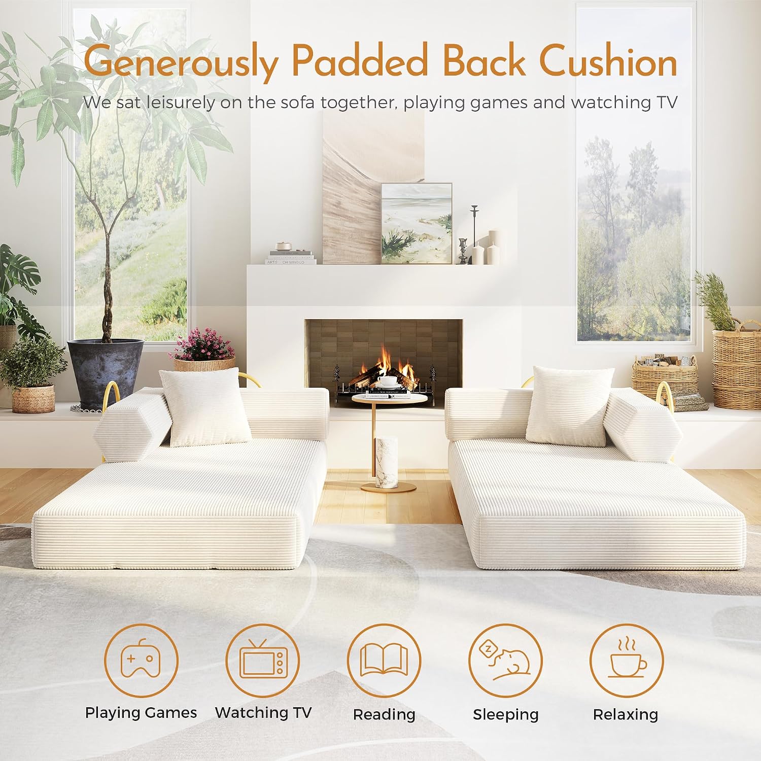79'' Corduroy Convertible Sofa Bed, No Assembly Modular Folding Sleeper Couch, 5-in-1 Pull Out Bed with Removable Washable Cover, Space Saving Guest Bed for Living Room Apartment Bedroom (Beige White)