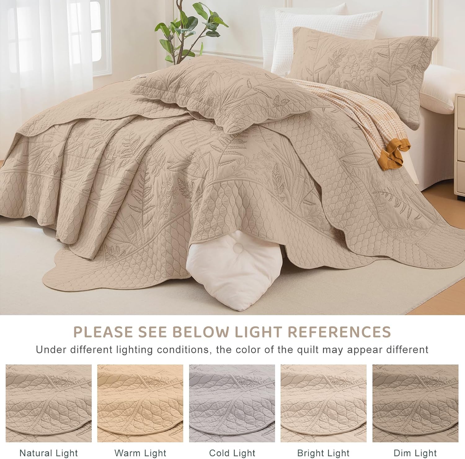 Sanracie Oversized King Quilt 120'x120', 100% Cotton Warm Taupe Print Quilted Bedspread Set 3Pcs Soft Breathable Botanical Leaves Pattern Quilt Bedding Set for All Season