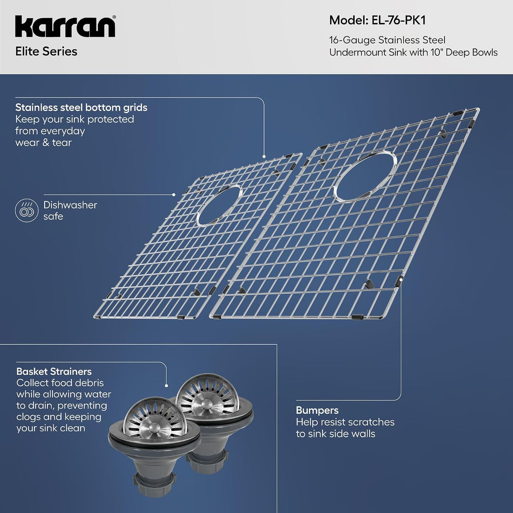 Karran Elite 32-Inch Undermount 16 Gauge Stainless Steel Double Bowl Kitchen Sink with Accessories, 50/50 Equal Bowls, Satin Finish, Sound Dampening