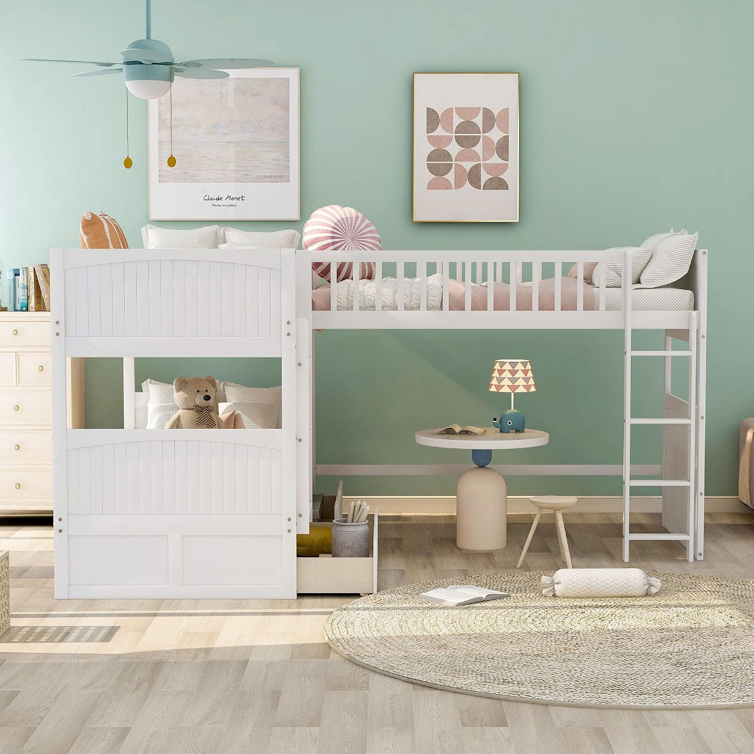 Twin Size Bunk Bed with a Loft Bed Attached and 2 Drawers,Bedroom Wood Bed Frame W/Space,Ladder,Rails,No Box Spring Required,for Girl Boy Kid,White