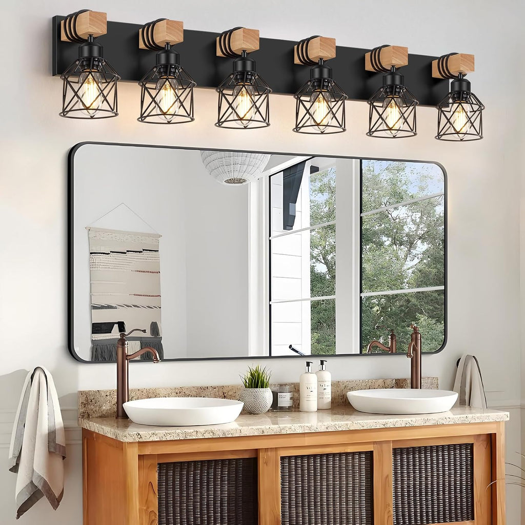 FadimiKoo 6-Light Farmhouse Bathroom Lighting Fixtures, Wood Black Vanity Lights Over Mirror, Rustic Wall Sconces Lighting with Metal Lampshade, Vintage Wall Lights for Bedroom, Living Room, Hallway