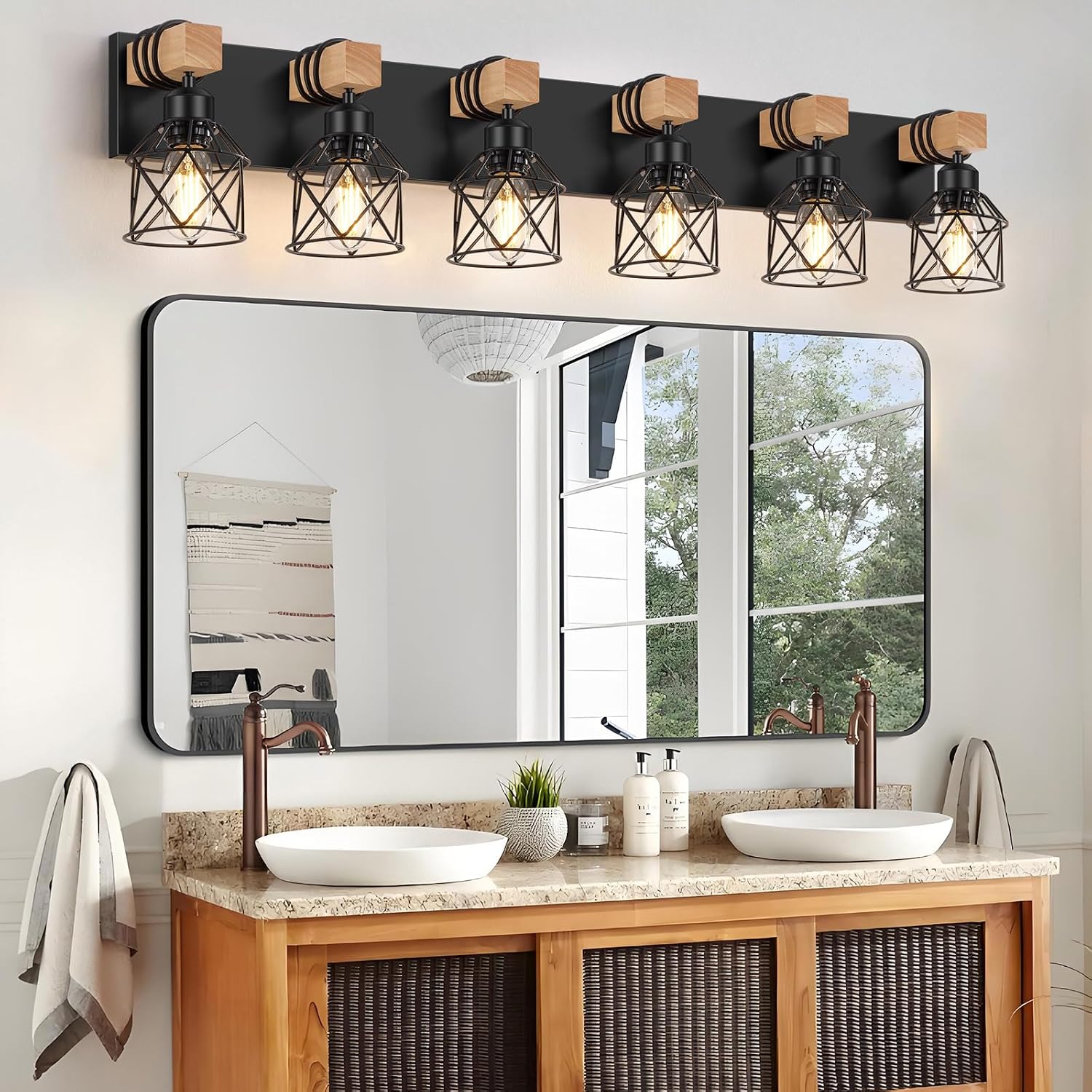 FadimiKoo 6-Light Farmhouse Bathroom Lighting Fixtures, Wood Black Vanity Lights Over Mirror, Rustic Wall Sconces Lighting with Metal Lampshade, Vintage Wall Lights for Bedroom, Living Room, Hallway