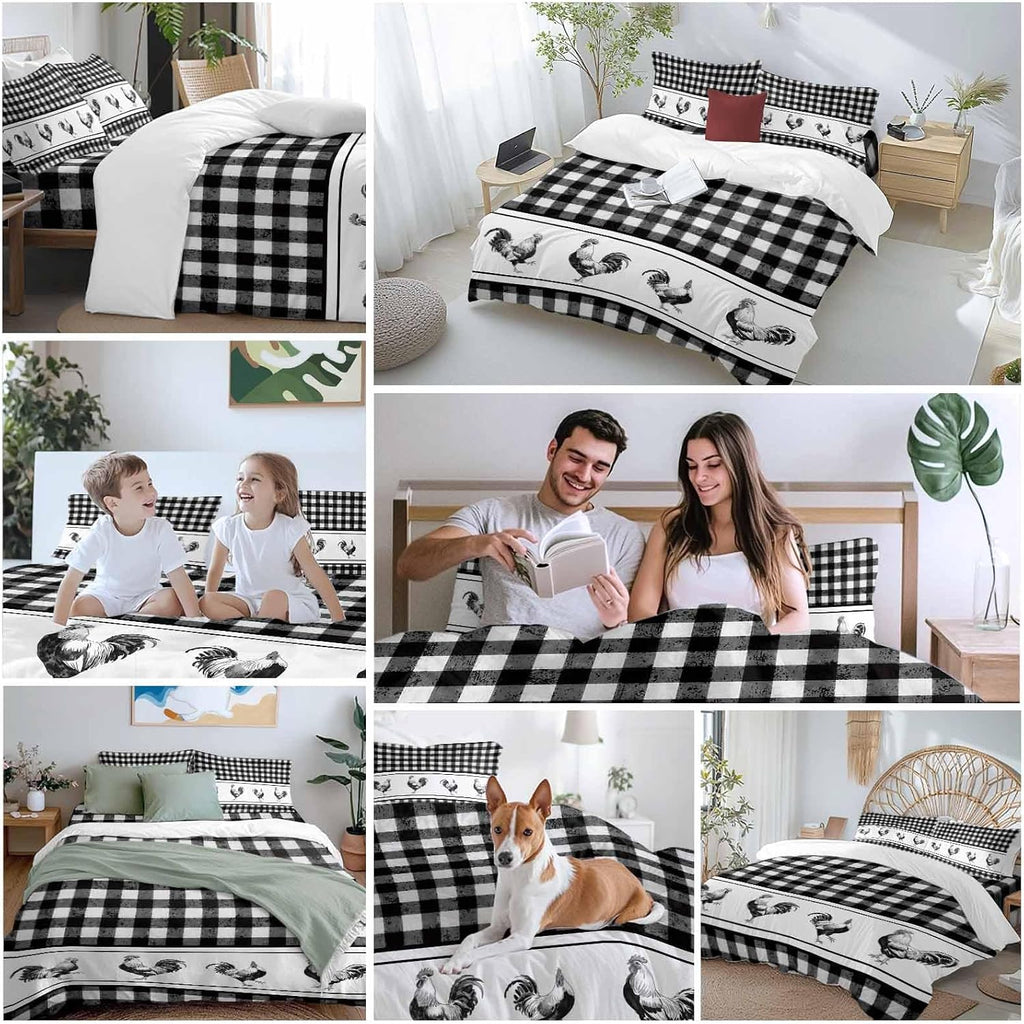 Prime Leader Vintage Black Plaid Duvet Cover Set Queen Size 4 Pieces Farm Cock Chicken Animal Watercolor Bedding Set with Zipper Closure, 1 Comforter Cover 92x106 Inches 1 Flat Sheet & 2 Pillow Cases