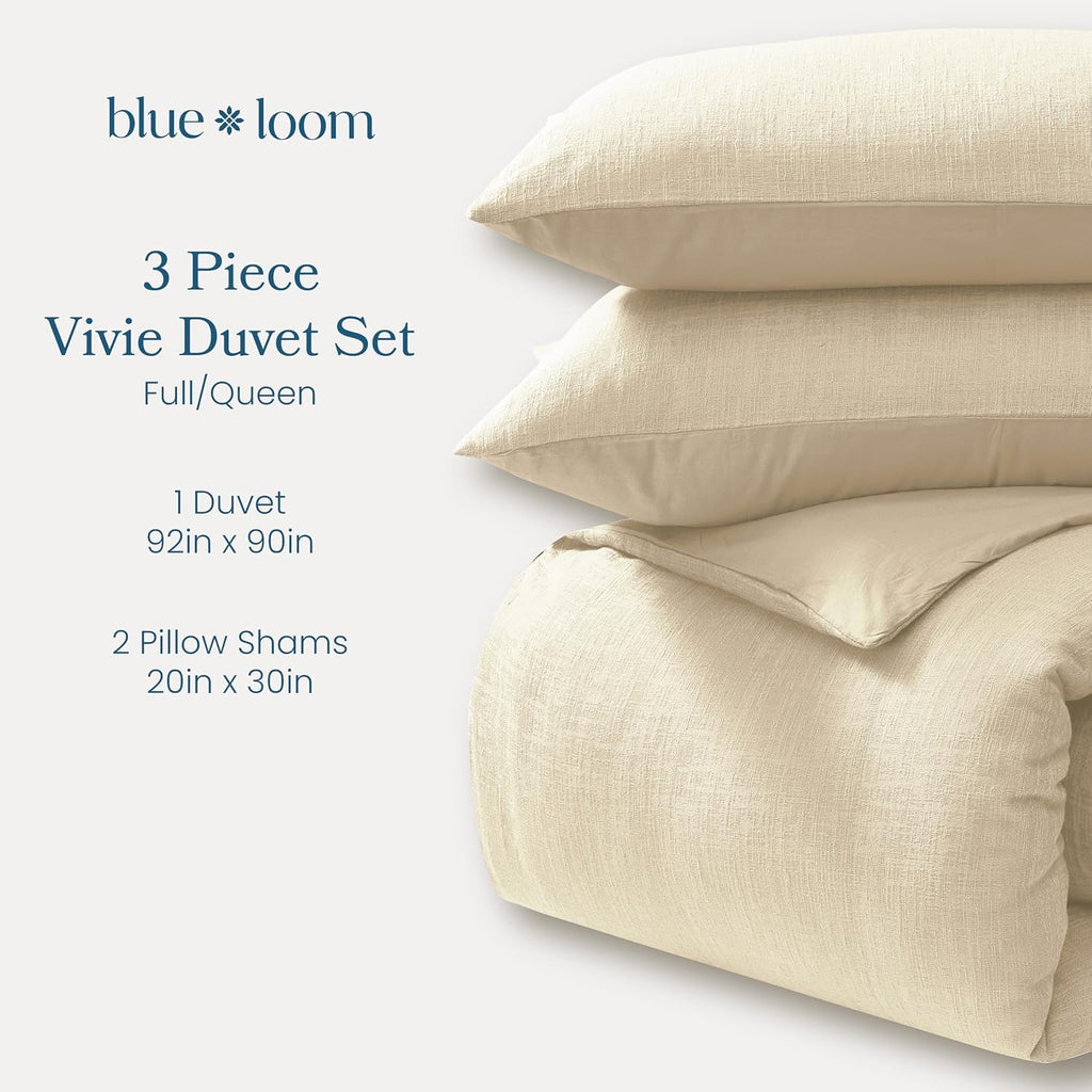 Blue Loom Duvet 100% Cotton Set, 3 Piece, Stone Washed Duvet Set Full/Queen Size 92' x 90' with 2 Matching Pillow Shams, Comforter Not Included, Vivie - Undyed Beige