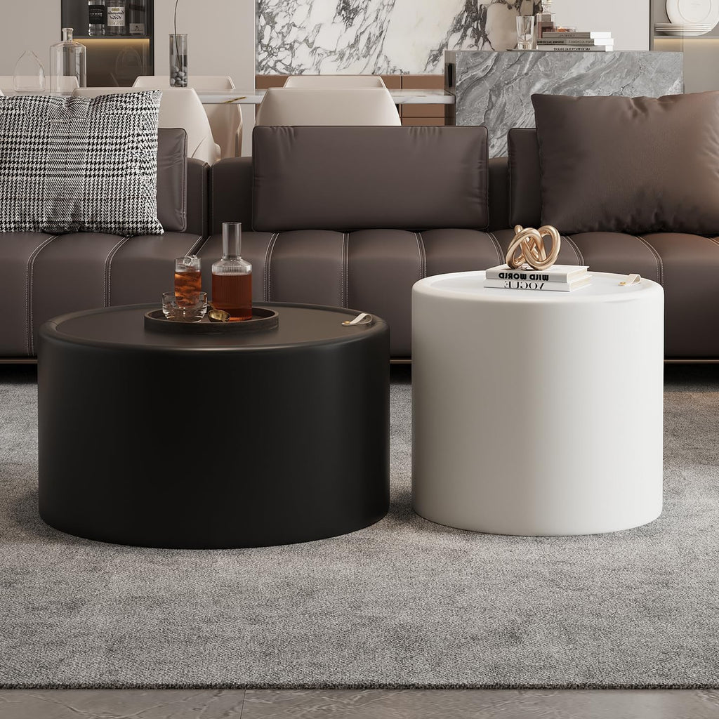 Round Living Room Table Set with Hidden Storage, 27.56' Black Drum Center Table and 19.69' White Coffee Table Set, 2 Pieces Coffee Table Set with Tempered Glass Top and PU Leather Body