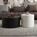 Round Living Room Table Set with Hidden Storage, 27.56' Black Drum Center Table and 19.69' White Coffee Table Set, 2 Pieces Coffee Table Set with Tempered Glass Top and PU Leather Body