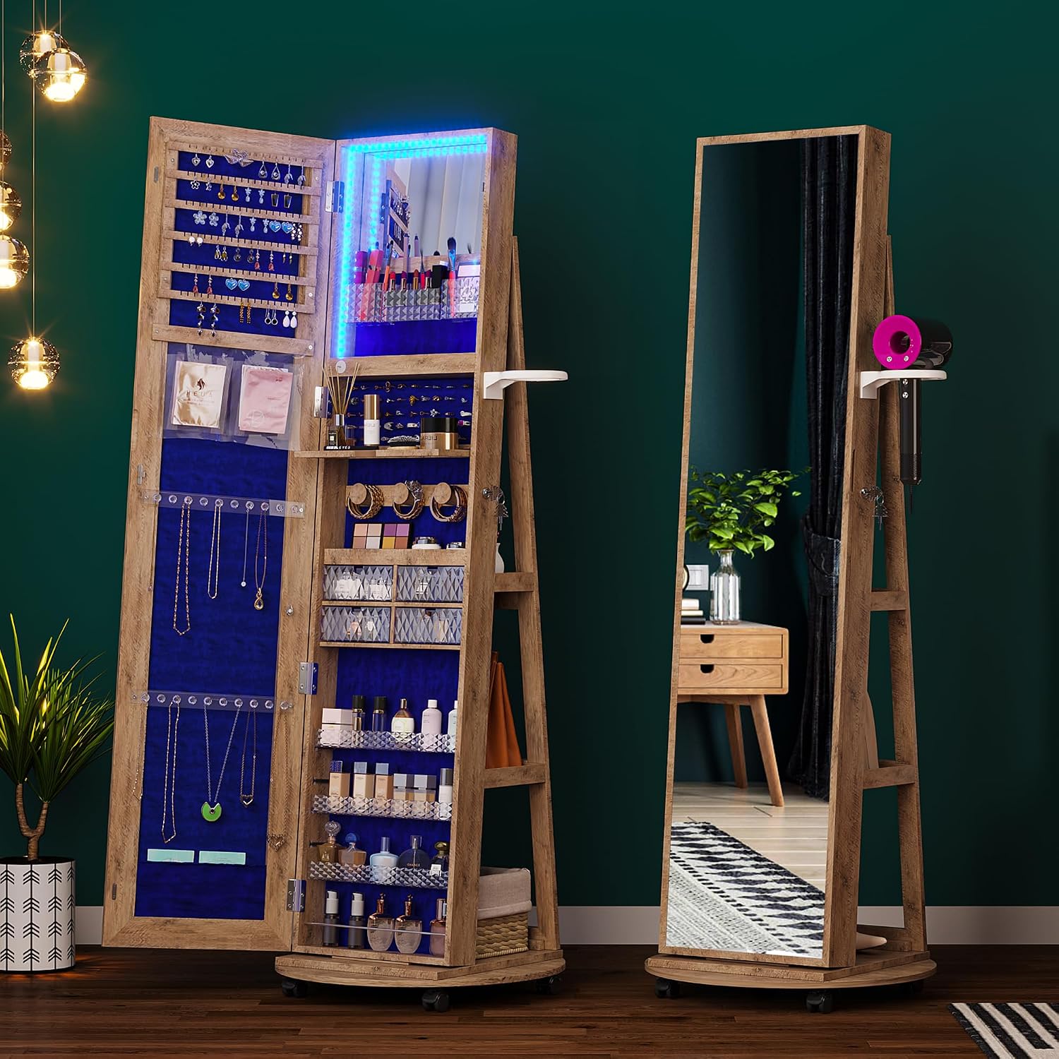HNEBC 360° Swivel Jewelry Armoire with Mirror, LED Mirror Jewelry Cabinet Standing, Full Length Mirror with Jewelry Storage, Standing Jewelry Organizer/Lockable Wheels/Foldable Makeup Shelf (Wood)