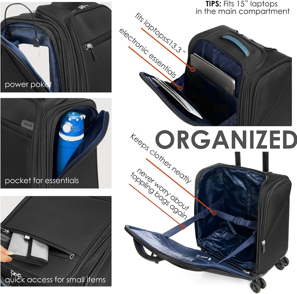 Verage Carry On Underseat Luggage with Wheels & USB Port, 14 Inch Wheeled Spinner Bag Carry-on Luggages for Airlines, Lightweight Suitcase Men Women, Pilots and Crew (14.5-Inch Plus Underseat)