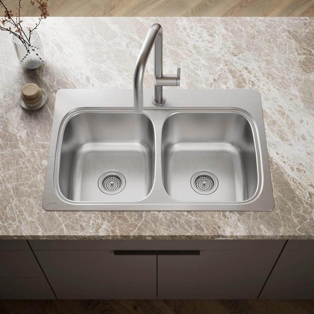 KOHLER 5267-1-NA Verse 33' Kitchen Sink Drop In Top-Mount Double-Bowl, Stainless Steel, 1 Faucet Hole, Durable and Easy-to-Clean Design, 33x22 Drop In Kitchen Sink