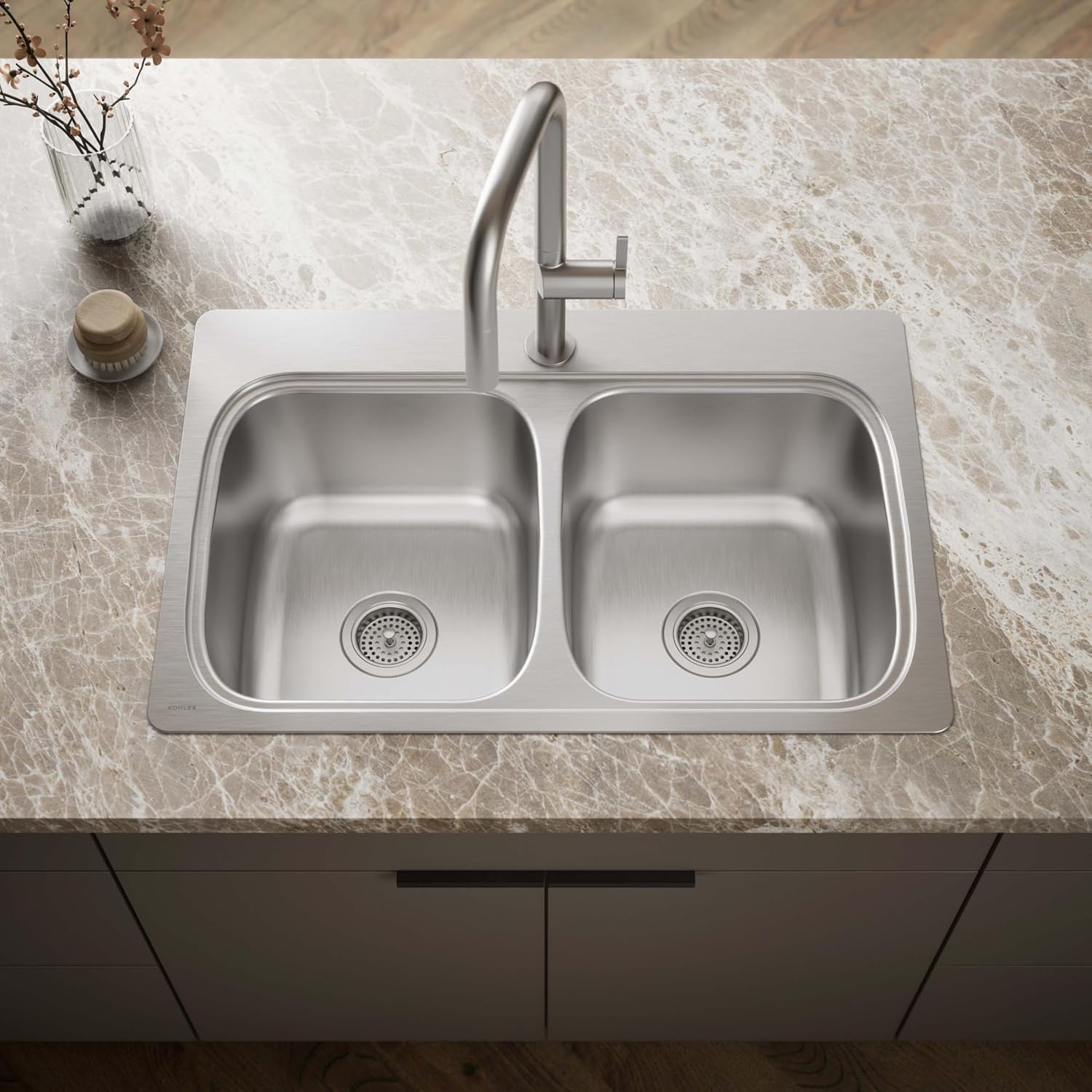 KOHLER 5267-1-NA Verse 33' Kitchen Sink Drop In Top-Mount Double-Bowl, Stainless Steel, 1 Faucet Hole, Durable and Easy-to-Clean Design, 33x22 Drop In Kitchen Sink