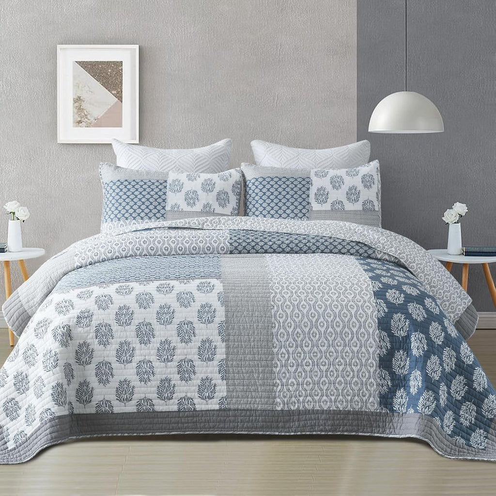 Finlonte Quilts Queen Size, 100% Cotton Queen Comforter Set, Blue Grey Farmhouse Quilted Bedspread, Patchwork Lightweight Reversible Quilt Bedding Set for Queen Bed, 3-Pieces