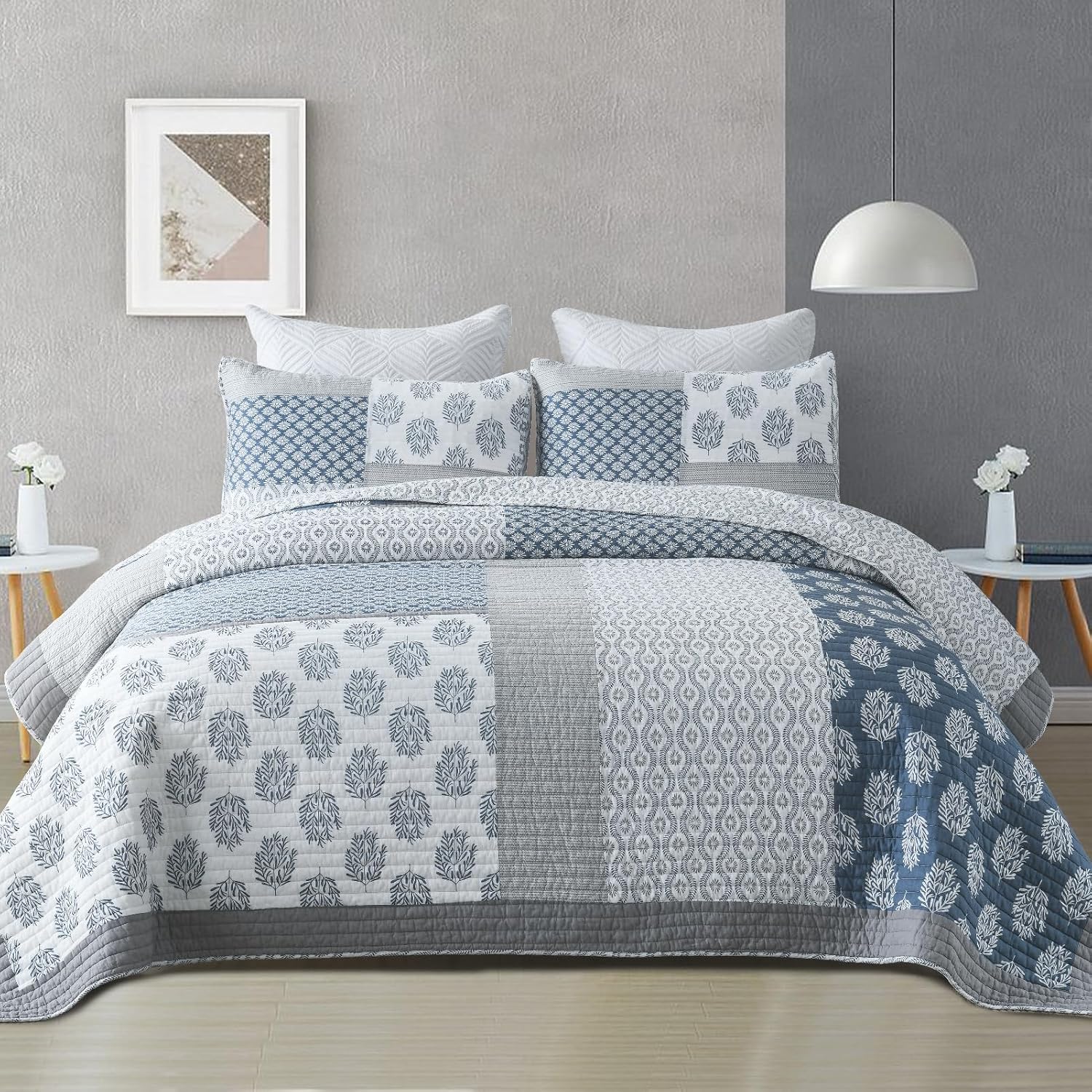 Finlonte Quilts Queen Size, 100% Cotton Queen Comforter Set, Blue Grey Farmhouse Quilted Bedspread, Patchwork Lightweight Reversible Quilt Bedding Set for Queen Bed, 3-Pieces