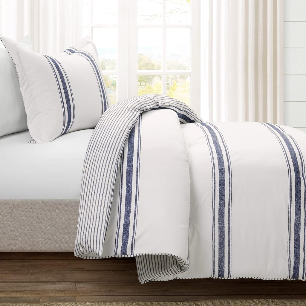 Lush Decor Farmhouse Stripe Reversible Cotton Comforter Set, 2-Piece, Twin XL Navy - Twin Bedding Set - Dorm Decor - Striped Comforter for Farmhouse Bedroom Decor
