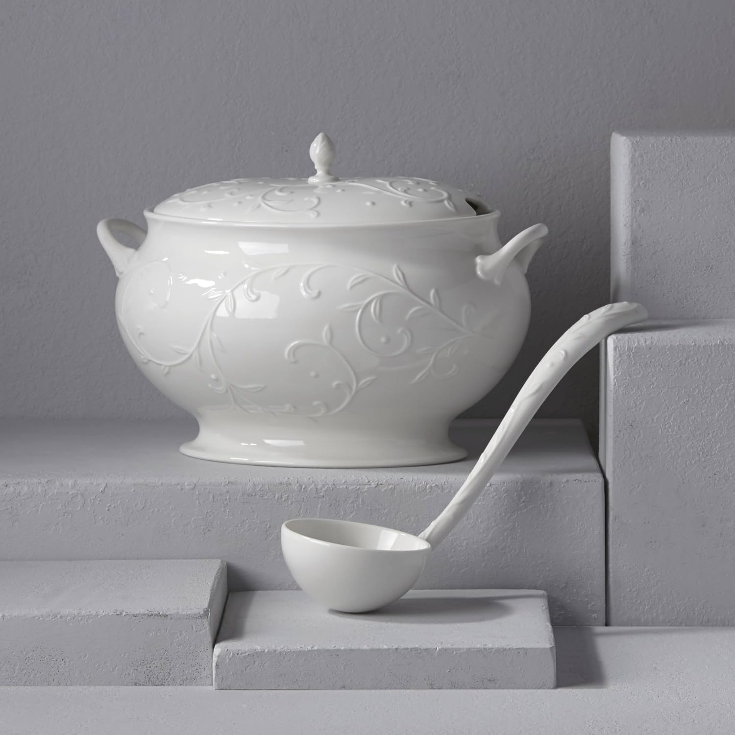 Lenox Opal Innocence Carved Covered Soup Tureen with Ladle, 10-1/4-Inch, White, 152 ounces