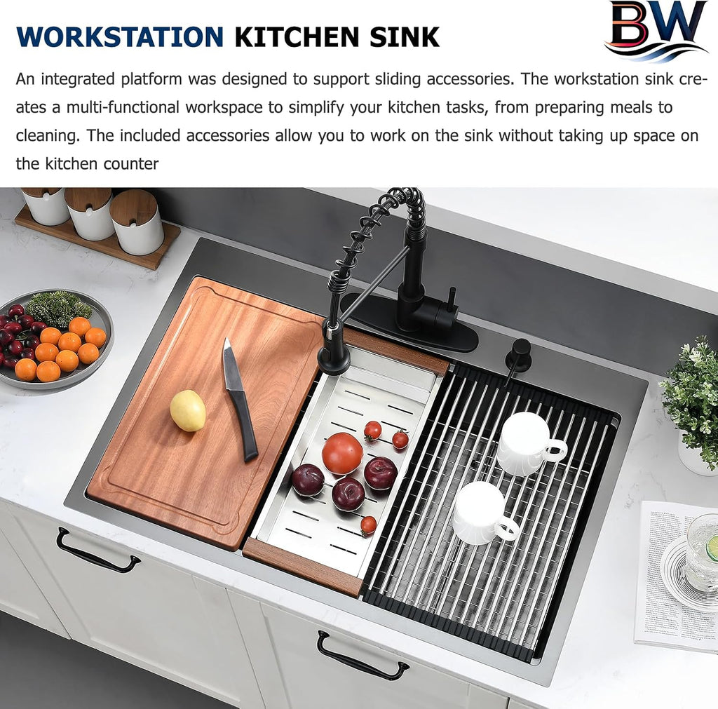 33 x 22 Drop In Kitchen Sink Black Workstation - 16 Gauge Stainless Steel Sinks Handmade 10 Inch Deep Single Bowl Kitchen Sink Top Mount Easy to Clean