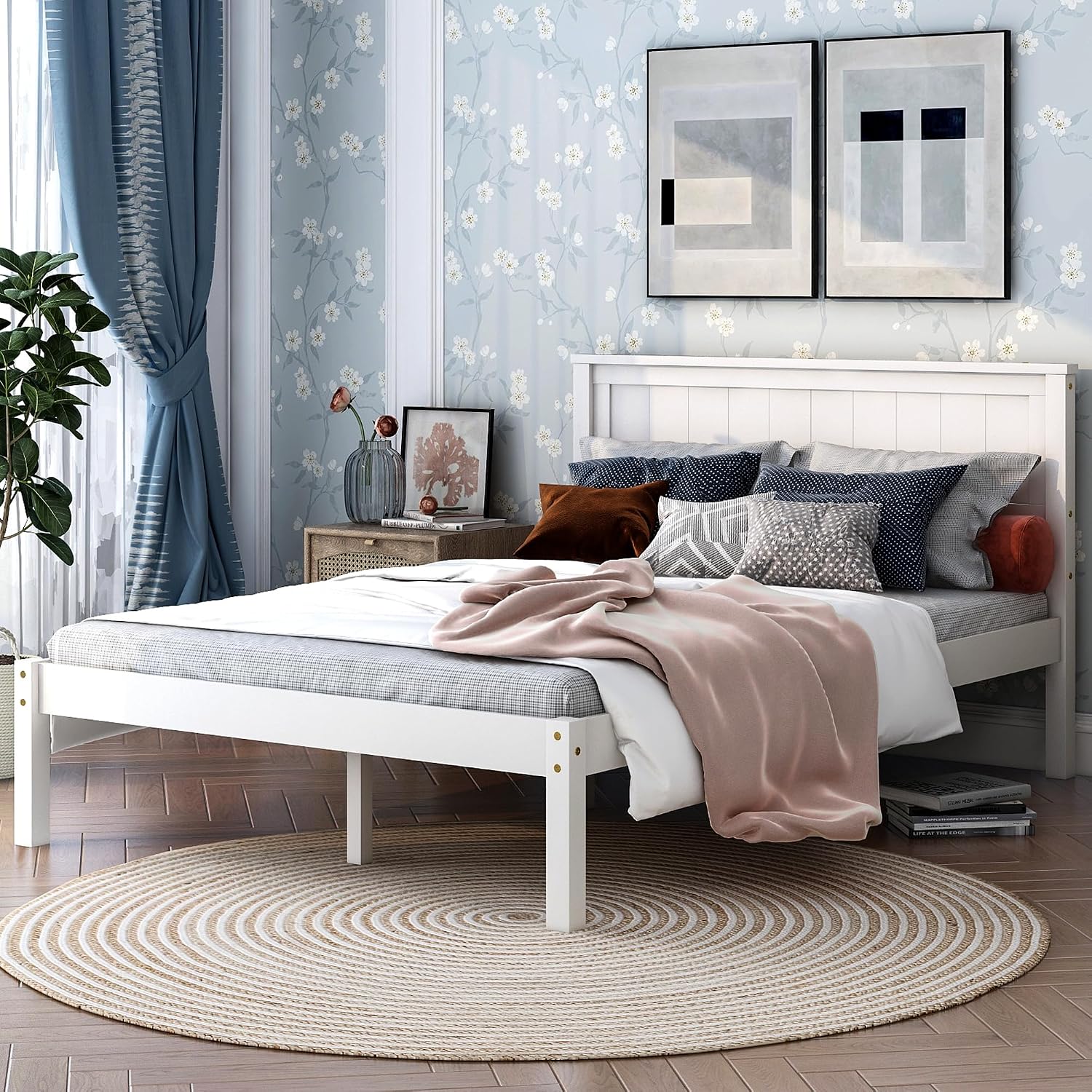 Wood Platform Bed, Bed Frame with Headboard, Wood Slat Support, No Box Spring Needed, Full, White
