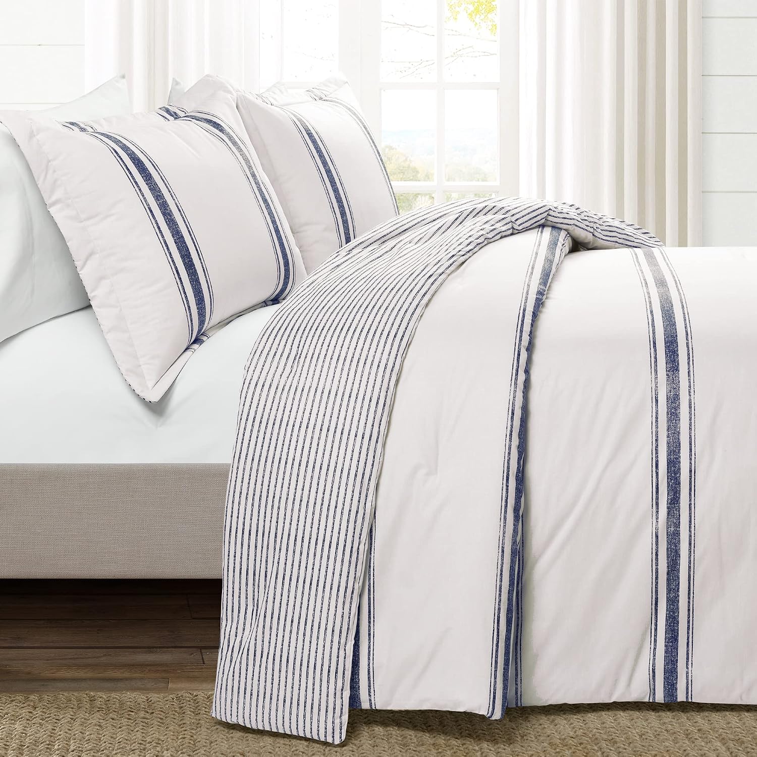 Lush Decor Farmhouse Stripe Reversible Cotton Comforter Set, 3 Piece Set, Full/ Queen, Navy - Cozy Farmhouse Bedding Set - Rustic Decor - Striped Comforter - Modern Farmhouse Bedroom Decor
