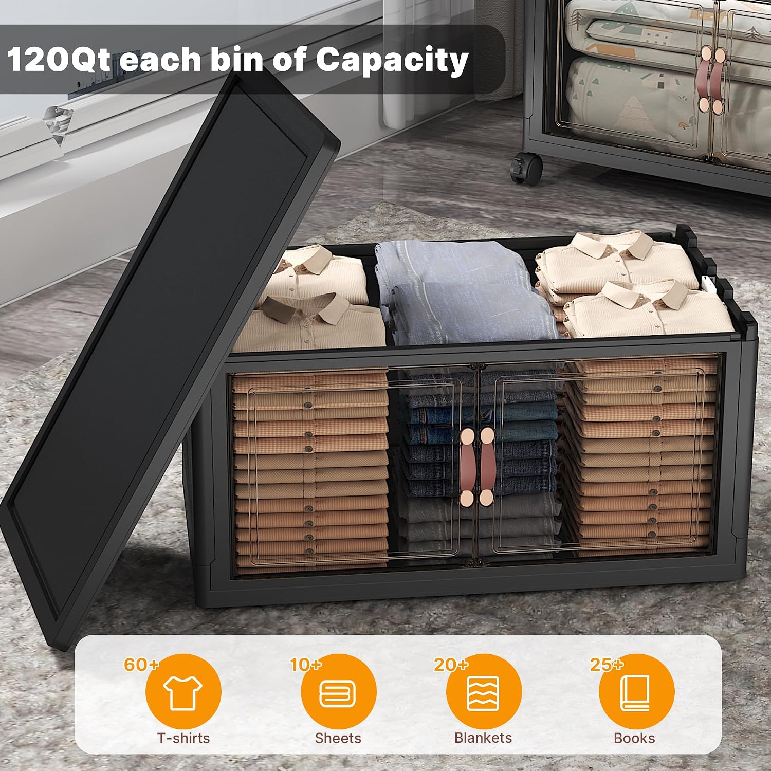 UAMFURI Stackable Storage Bins with Lids & Wheels & Door, Foldable Collapsible Closet Organizers, Extra Large Plastic Storage Drawers for Bedroom Dorm Office Garage (Dark-112QT, 3Pack with 1 top lid)