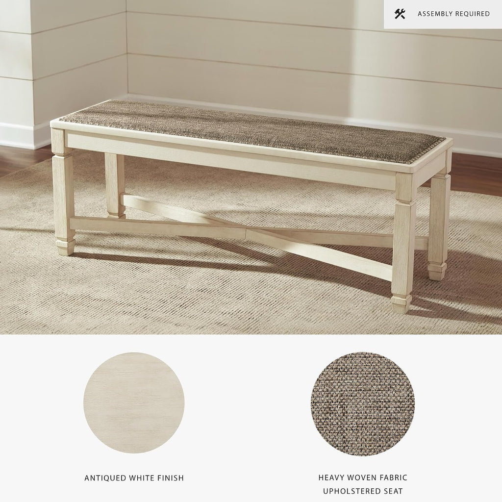 Signature Design by Ashley Bolanburg Casual French Country Upholstered Dining Room Bench with Nailhead Trim, Heavy Woven Fabric, Wood, Antique White & Tan