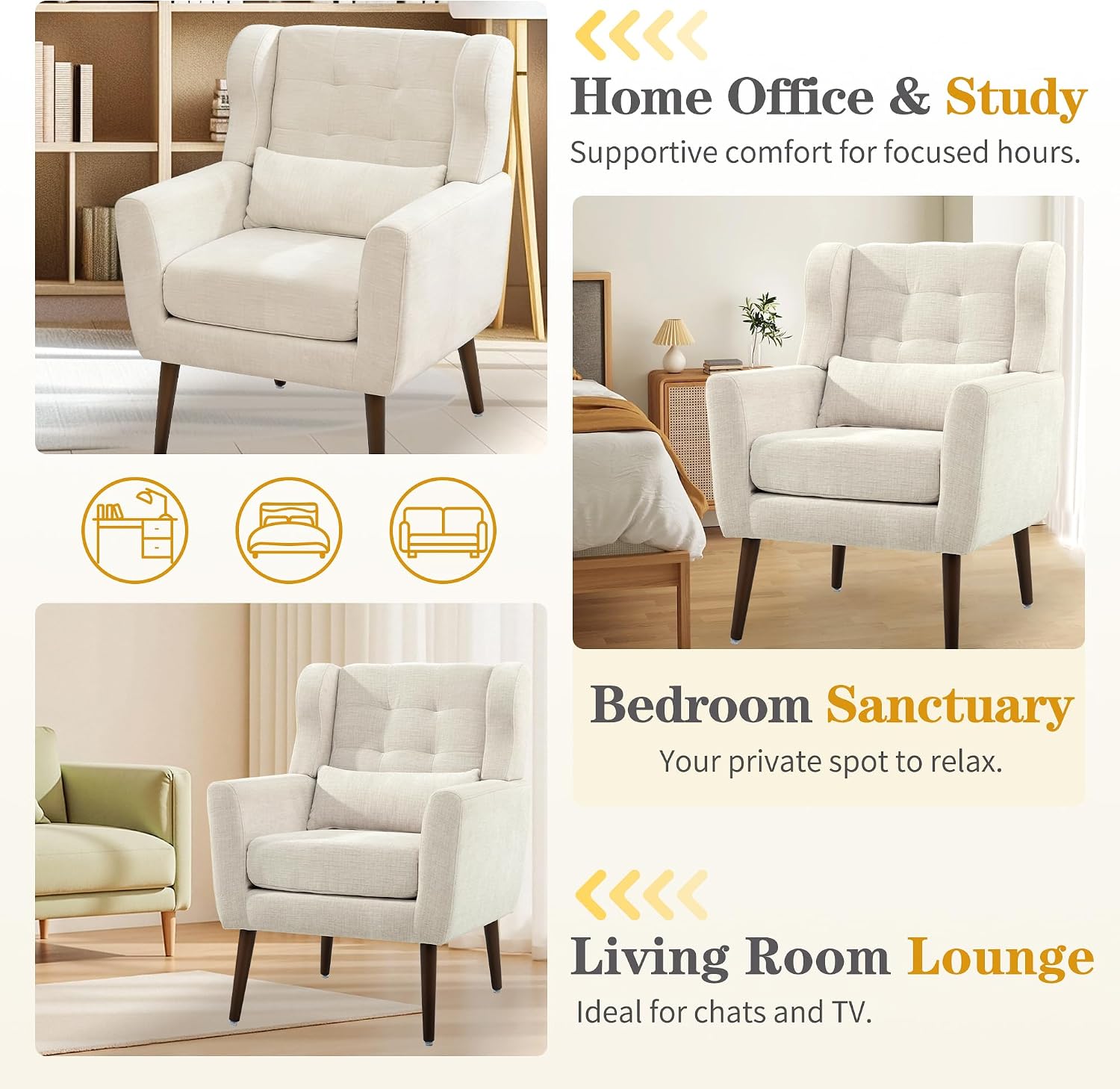 Modern Accent Chair, Upholstered Armchair with Pillow, Fabric Single Sofa Chair with Lounge Seat and Wood Legs Accent Chair for Living Room Bedroom Small Spaces (Beige, Set of 1)