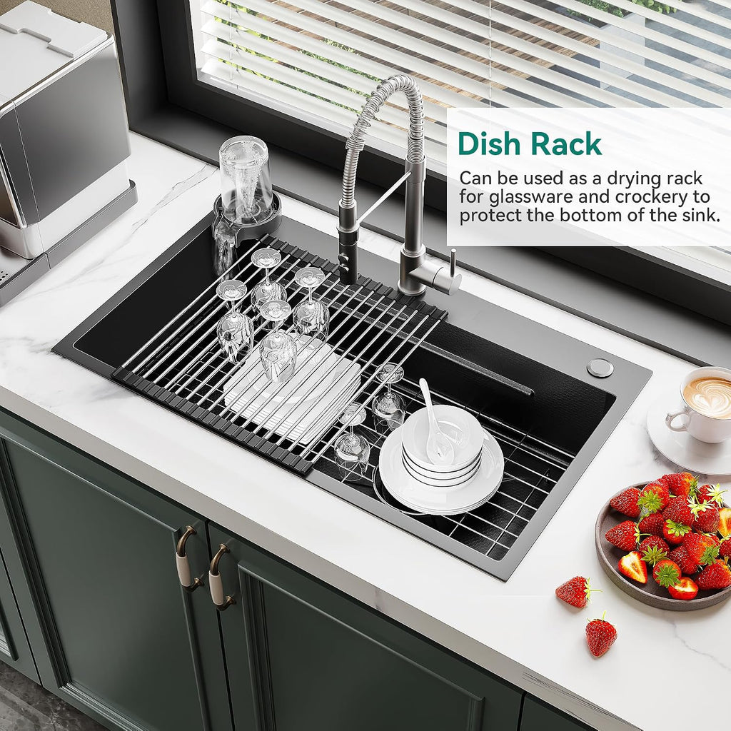 YITAHOME Drop in Kitchen Sink Workstation 30 Inch, Topmount Stainless Steel Nano Gunmetal Black Sink w/Glass Rinser, Cutting Board, Handmade Single Bowl Sink with Accessories 30 x 18 x 10in