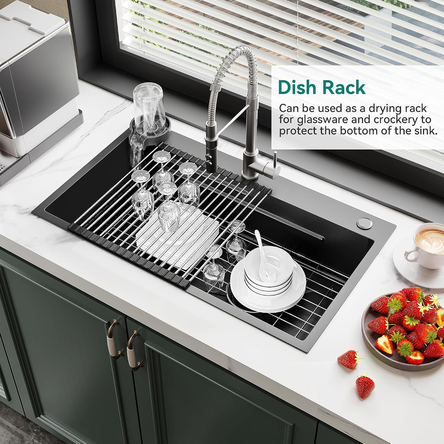 YITAHOME Drop in Kitchen Sink Workstation 30 Inch, Topmount Stainless Steel Nano Gunmetal Black Sink w/Glass Rinser, Cutting Board, Handmade Single Bowl Sink with Accessories 30 x 18 x 10in