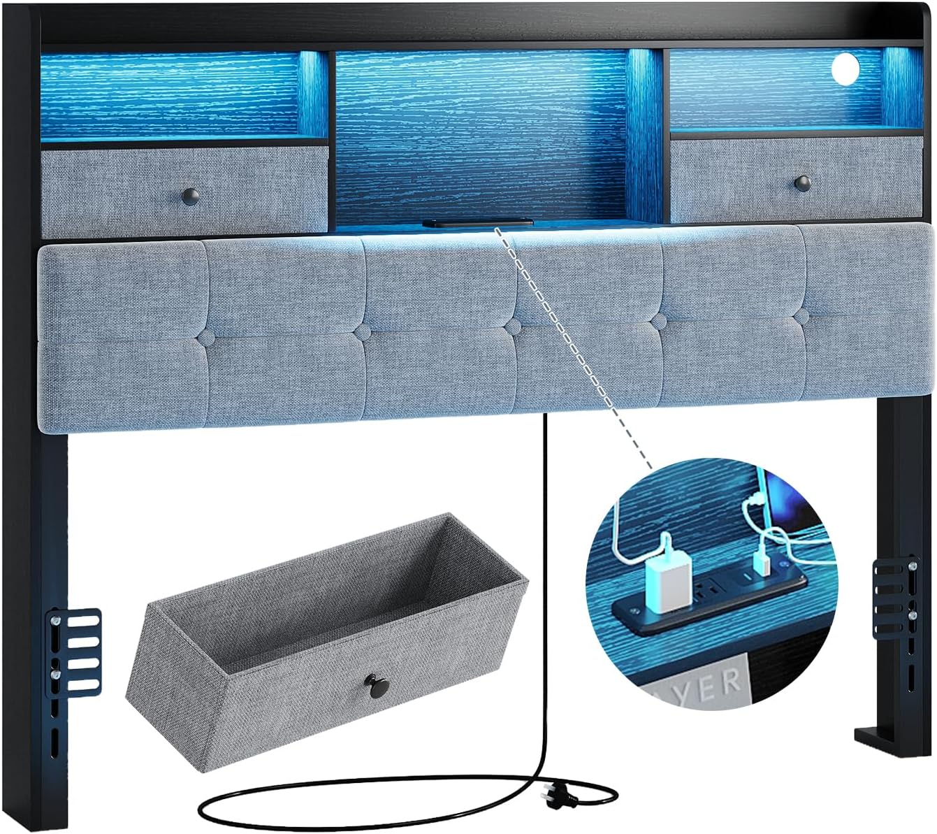 Maupvit Headboard Full Size with Storage, Full Headboard Only with 2 Drawers, Charging Station and LED Lights, Upholstered Headboards Easy Assembly, Black&Grey