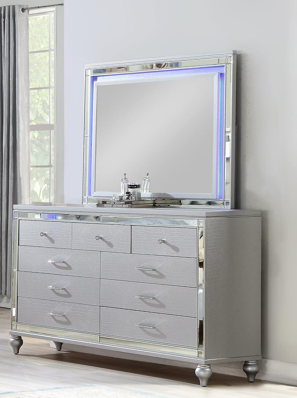 Full 4 Pc LED Bedroom Set - Modern Wood Design, Silver Color