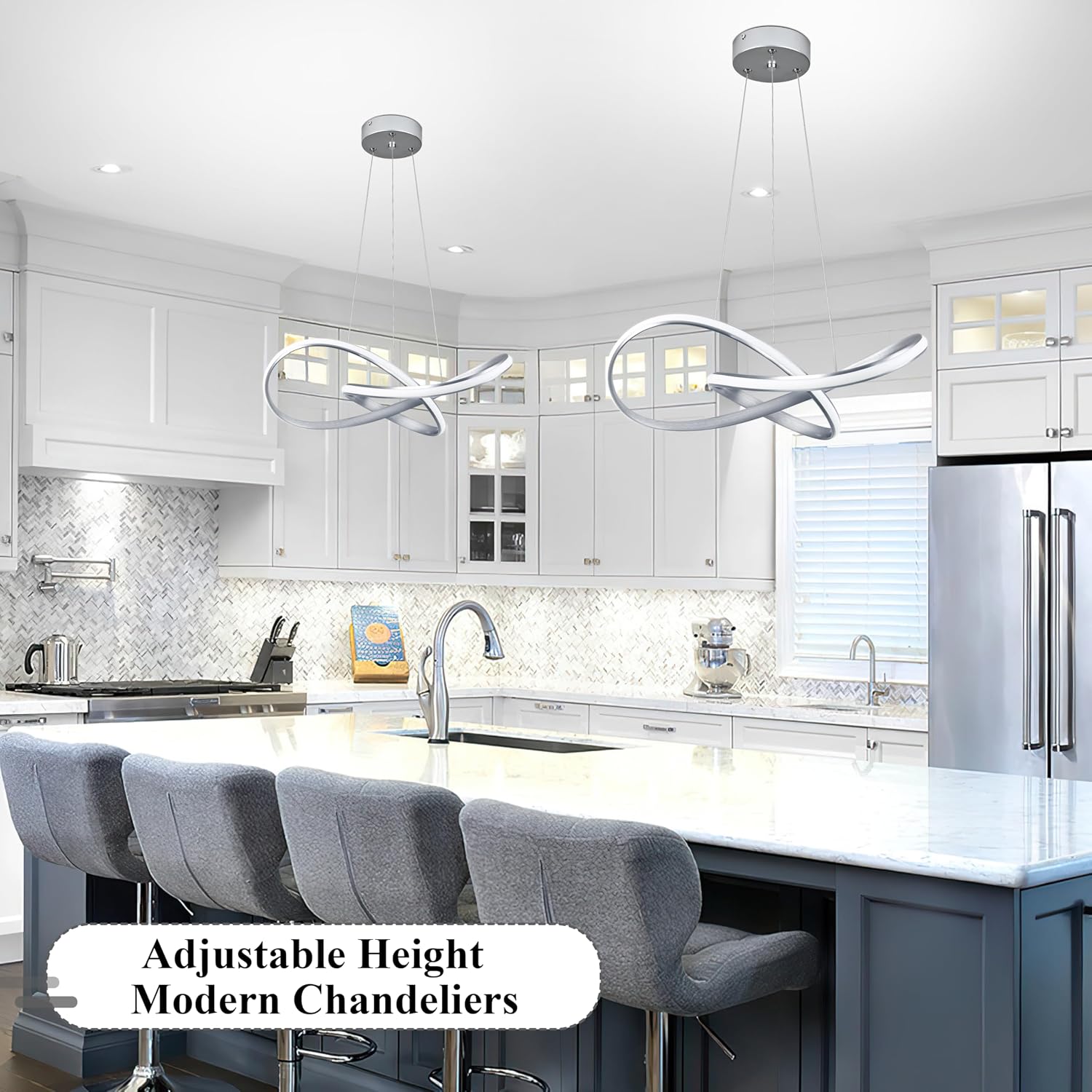 Modern LED Pendant Light Fixture Contemporary Ring Chandelier Nickel with 3000K-6000K Dimmable Remote Control and 79in Height Adjustable for Foyer Living Room Bedroom Dining Room