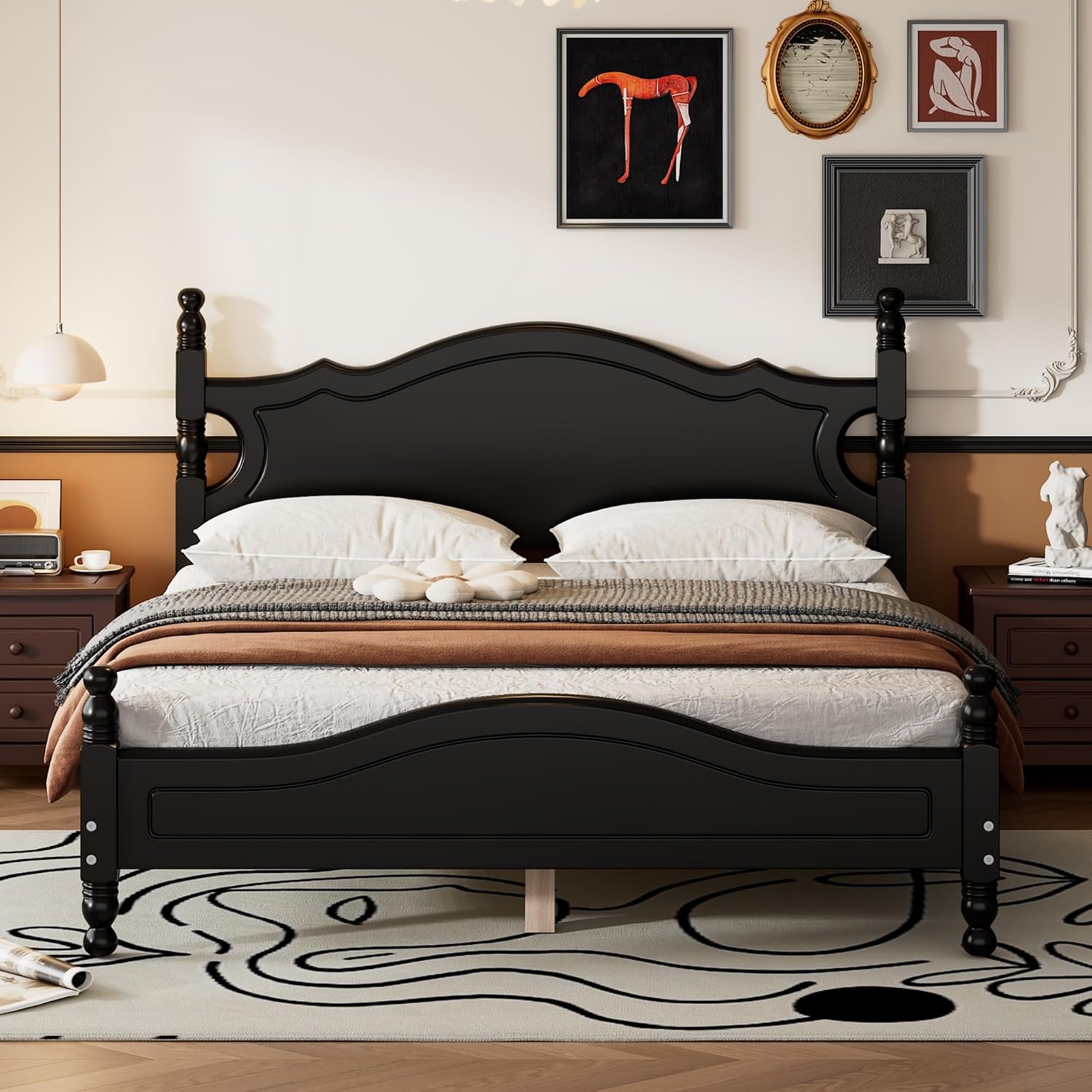 Solid Wood Bed Frame Queen Size, Wooden Retro Style Platform Bed Frame with Headboard and Footboard, Heavy Duty Bed Frame with 10 Wood Slats Support,No Box Spring Needed,Noiseless (Black, Queen)