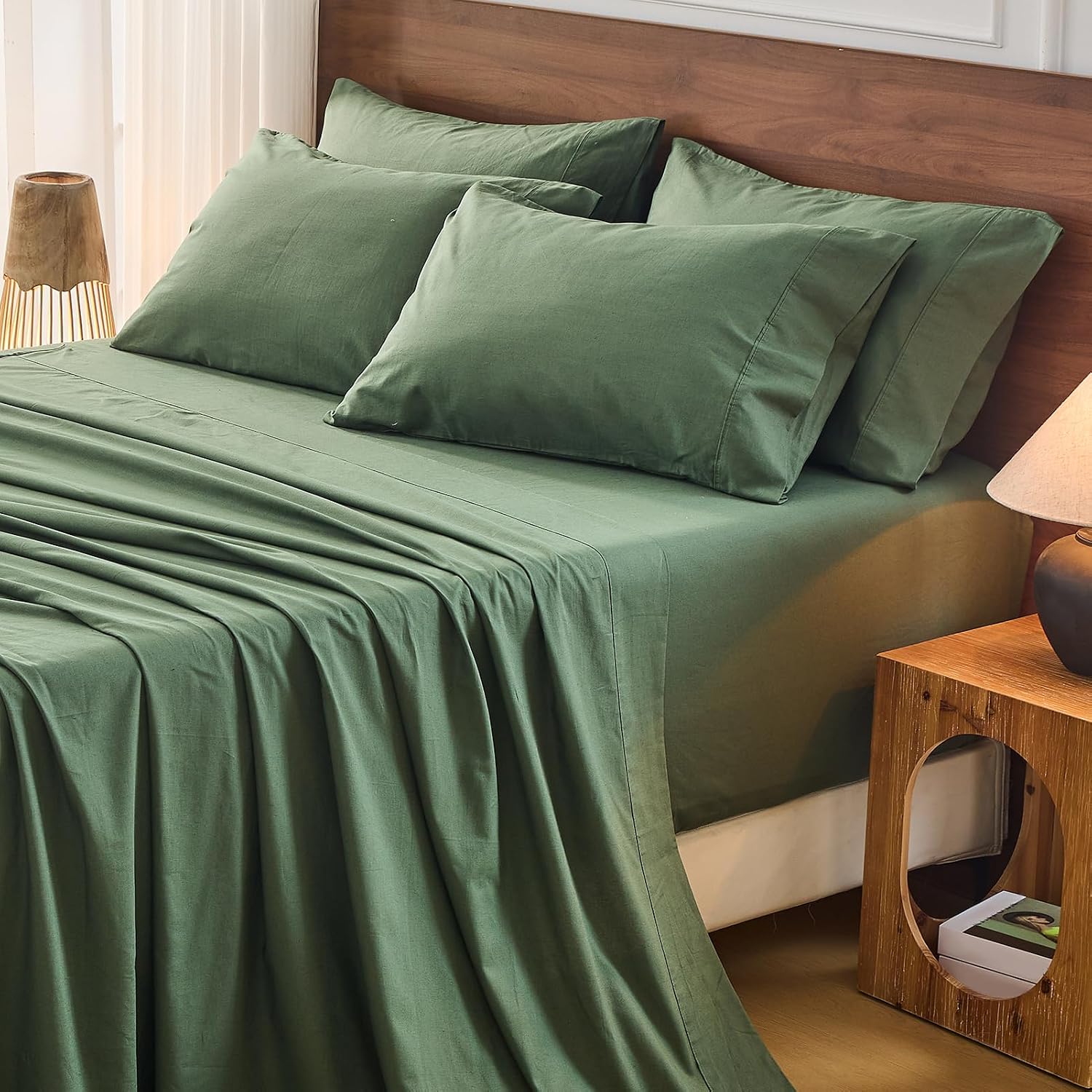 Bedlifes 100% French Flax Linen Sheets Set King Size - 6 Piece Extra Deep Pocket 18-24',Soft Breathable King Bed Sheets with Temperature Regulating & Moisture-Wicking(Forest Green