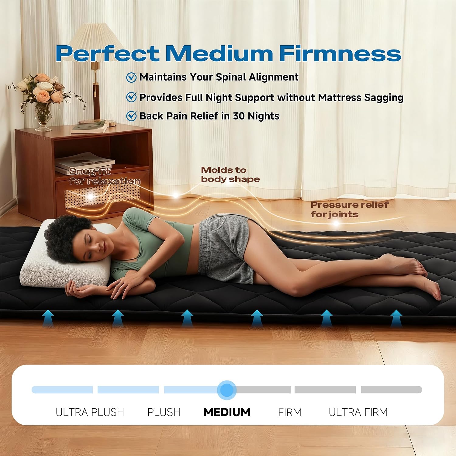 Aircliff Japanese Floor Futon Mattress, Roll Up Tatami Mat, Sleeping Pad, Shikibuton, Portable Foam Floor Bed Mattress for Sleeping, Dormitory, Guest Bed, Designed in Japan(Black, Full)