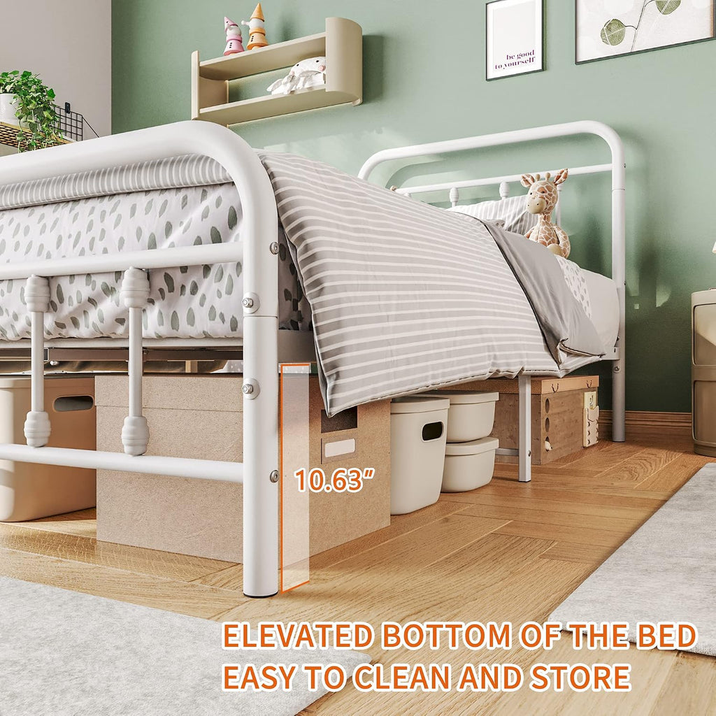 Vintage Twin Size Bed Frame with Headboard and Footboard Mattress Heavy Duty Metal Platform Bed Frame Steel Slat Support (Twin, White)