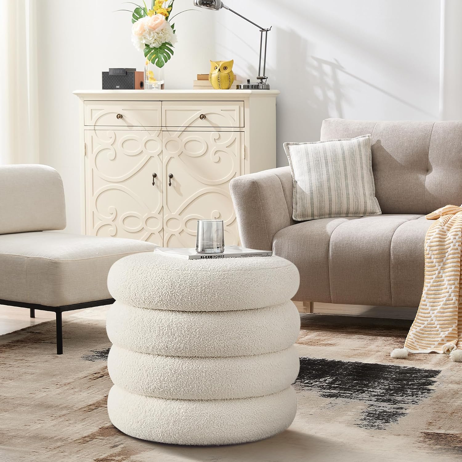 19.5 Inch Round Storage Ottoman, Modern Sherpa Ottoman Coffee Table with Removable Top, White Vanity Stool with Storage for Bedroom, Living Room, Dorm, Set of 2