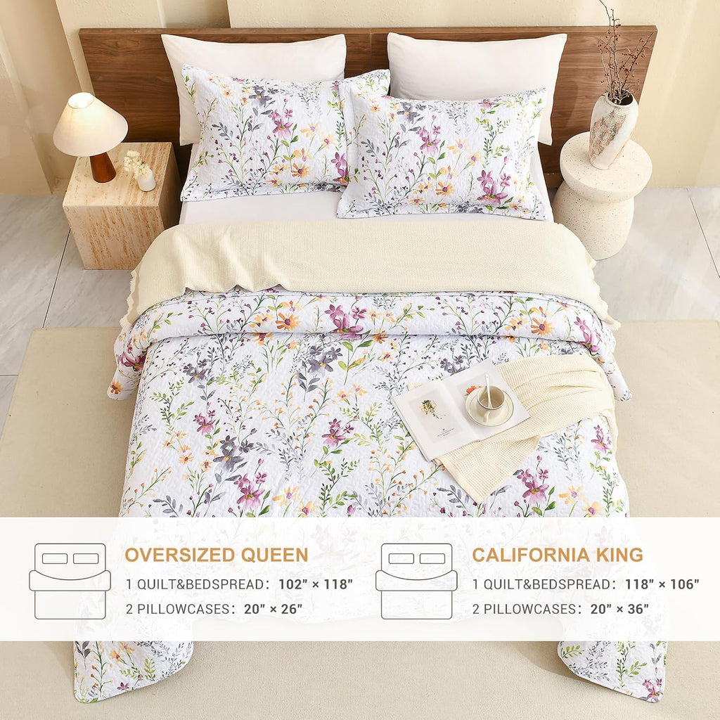 Sanracie Oversized Queen Quilt Bedspread Set(102'x118'), 100% Cotton Floral Quilted Set 3Pcs Yellow Wild Flower Botanical Printed Pattern Bedding Set for All Seasons