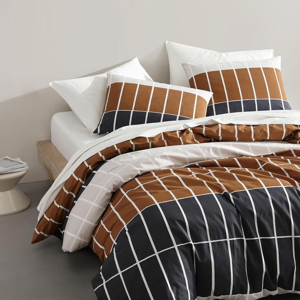 Marimekko - Queen Duvet Cover Set, Organic Cotton Bedding with Matching Shams, Modern Home Decor, GOTS Certified (Tiiliskivi Raita Charcoal, Queen)