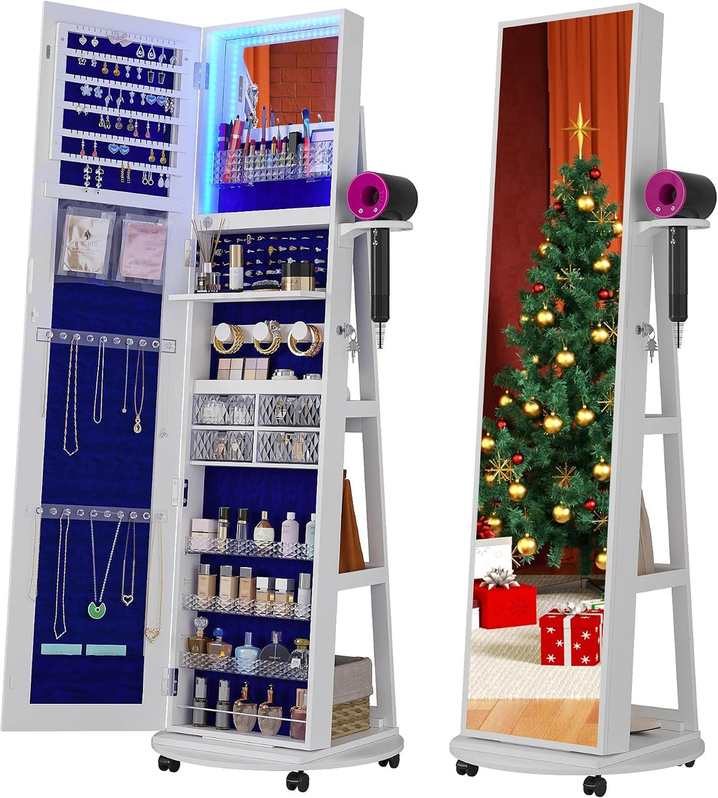 HNEBC 360° Swivel Jewelry Armoire with Mirror, LED Mirror Jewelry Cabinet Standing, Full Length Mirror with Jewelry Storage, Standing Jewelry Organizer/Lockable Wheels/Foldable Makeup Shelf (A-White)