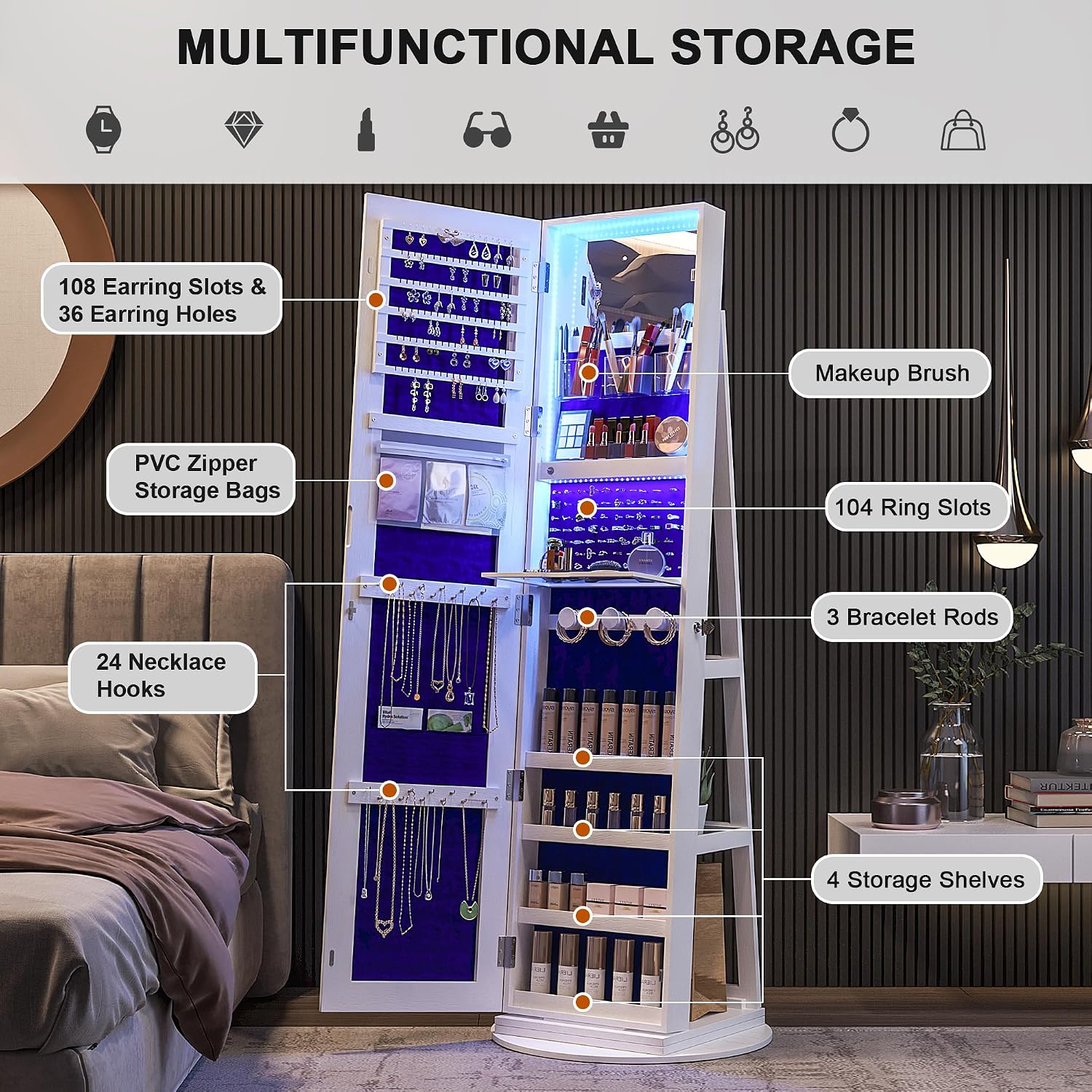 HNEBC LED Light Jewelry Organizer Mirror 360° Rotating, Jewelry Armoire with Door Mirror, Full Length Mirror Jewelry Cabinet, Mirror with Jewelry Storage, Large Jewelry Boxes & Organizers（B_White）