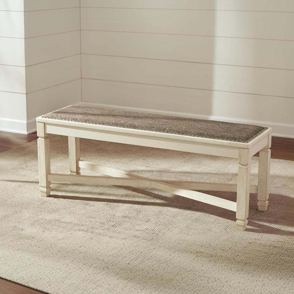 Signature Design by Ashley Bolanburg Casual French Country Upholstered Dining Room Bench with Nailhead Trim, Heavy Woven Fabric, Wood, Antique White & Tan
