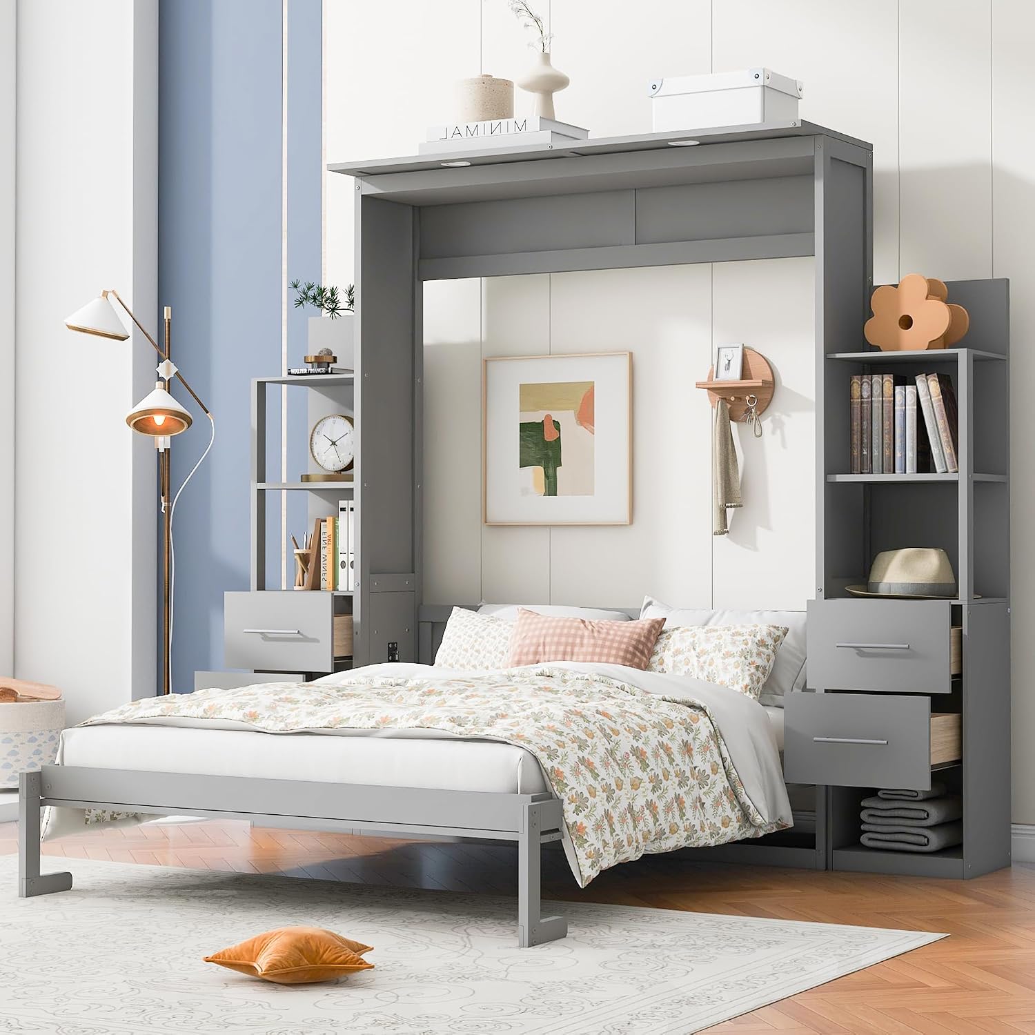 MERITLINE Full Murphy Bed with Storage Drawers,LED Lights and Storage Bookcase Shelves,Wood Murphy Wall Bed Cabinet with LED for Adults