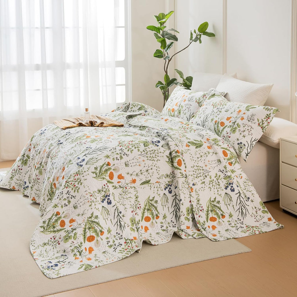 Sanracie California King Quilt Bedding Set(118'x106'), 100% Cotton Soft Breathable Green Floral Bedspread Sets 3Pcs Yellow Flowers Plant Pattern Botanical Printed Quilted Set for All Season