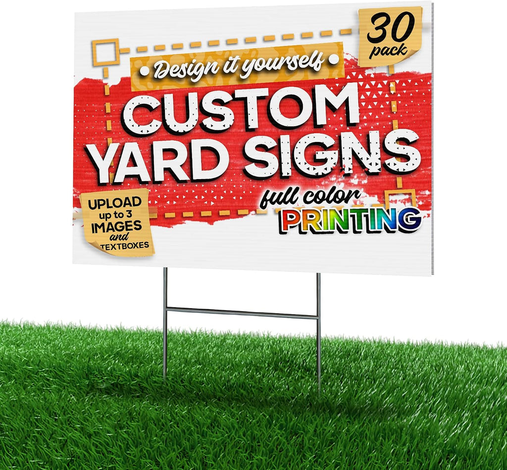 24'x18' Custom Yard Signs with Metal Stakes (30-Pack), Design-Your-Own Lawn Signs, Personalized Signages with Full Color Printing and Uploadable Images/Textboxes, One-Sided Yard Signs for Outdoor Events