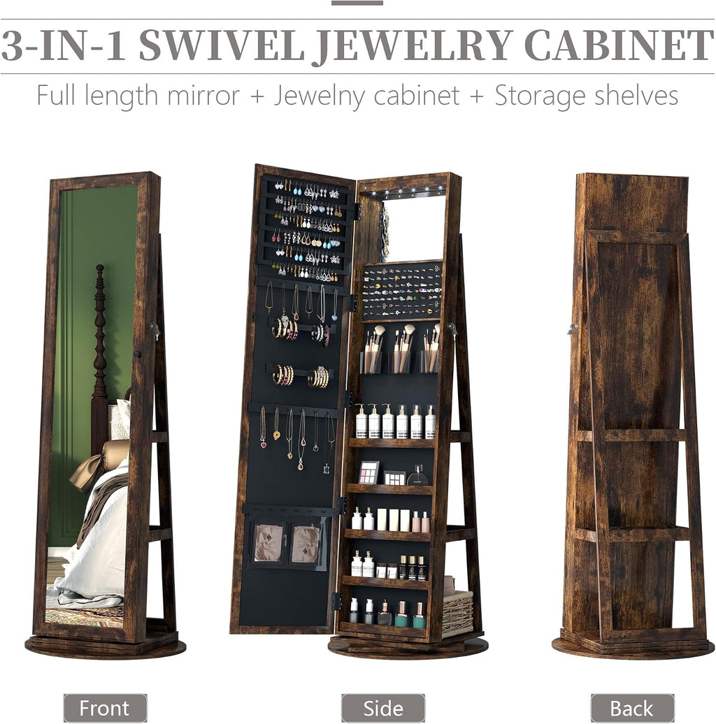 LVSOMT Mirror Jewelry Cabinet Standing, 360° Swivel Jewelry Armoire with 6 LED Lights and Interior Mirror, Full Length Mirror with Storage, Standing Lockable Jewelry Organizer, Retro Brown
