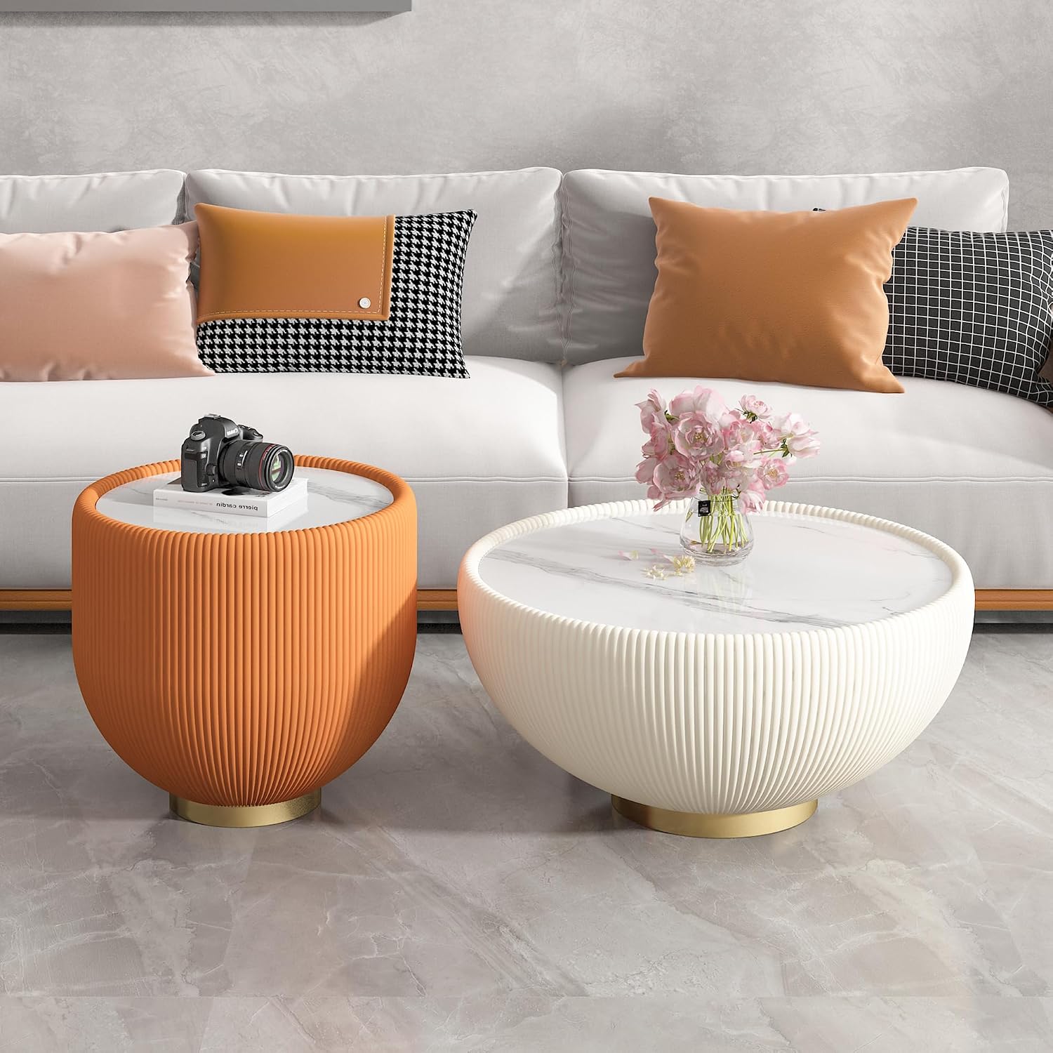 Round Living Room Table Set, 27.56' White Drum Center Table and 19.69' Orange Center Table Set, 2 Pieces Coffee Table Set with Sintered Stone Tabletop, Fluted PU Leather Covered and Metal Base