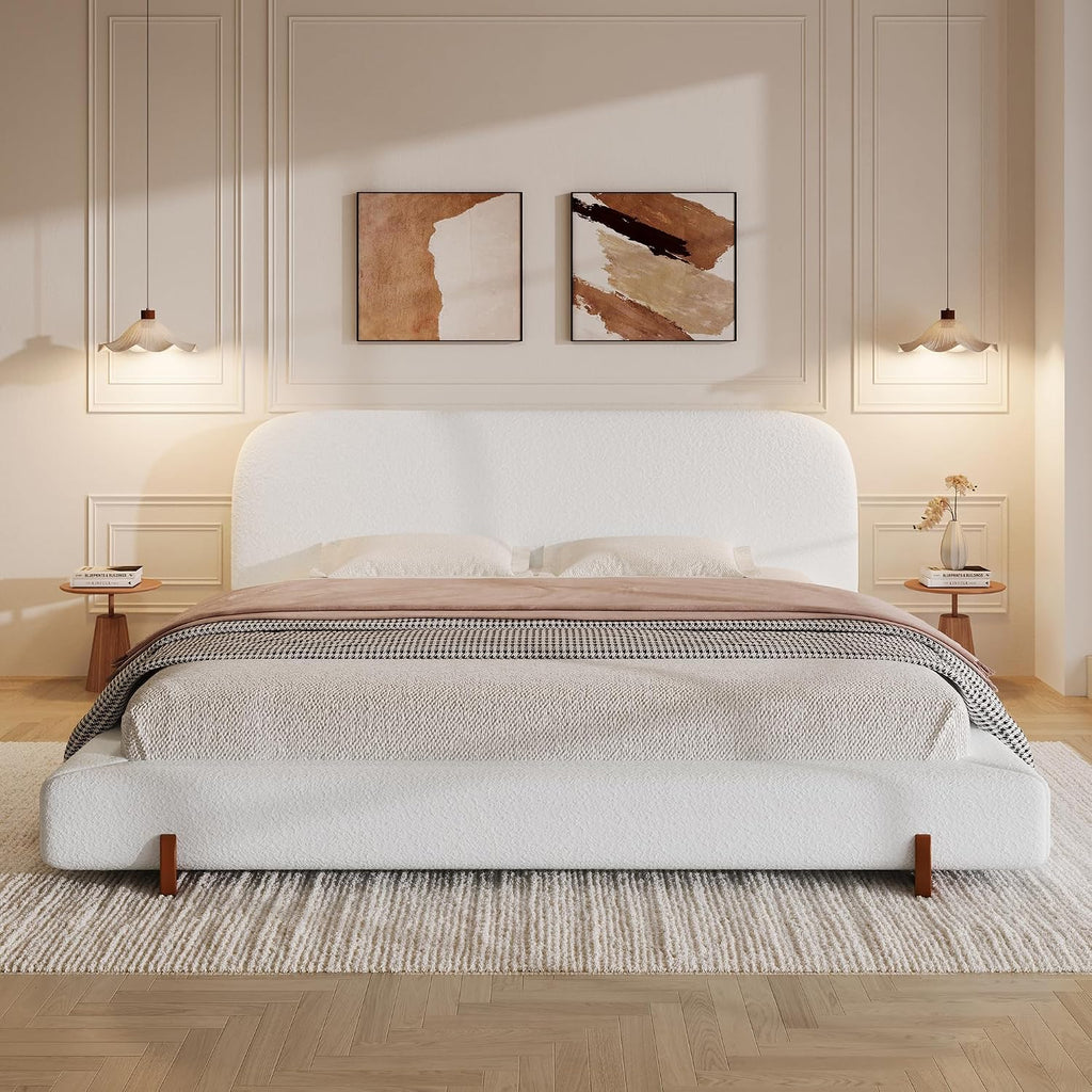 Curve-Shaped Upholstered Platform Bed with Curved Shaped Headboard, King Size Wood Bed Frame with Unique Design Legs for Bedroom Furniture, Chenille Thick Fabric Grounded Bed (White, California King)
